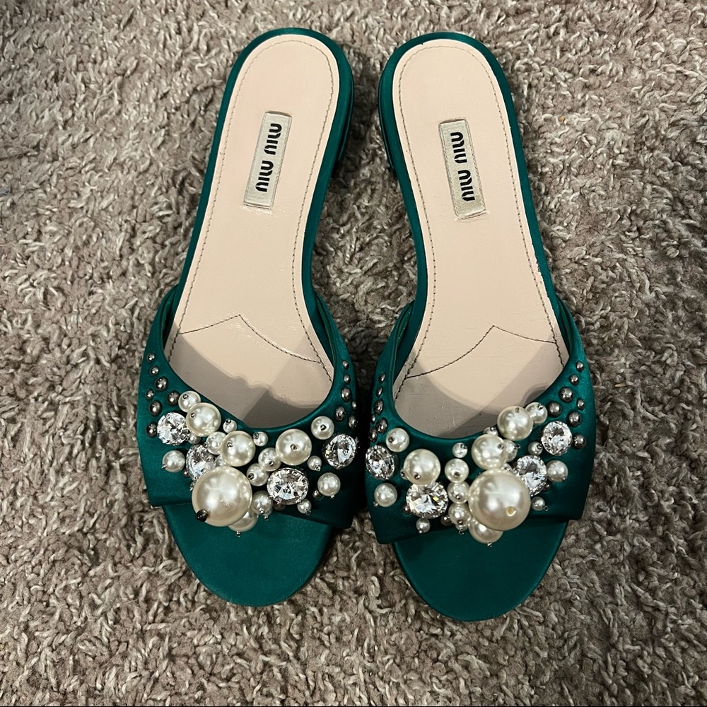 Miu Miu Green Satin Pearl Crystal Slides 36